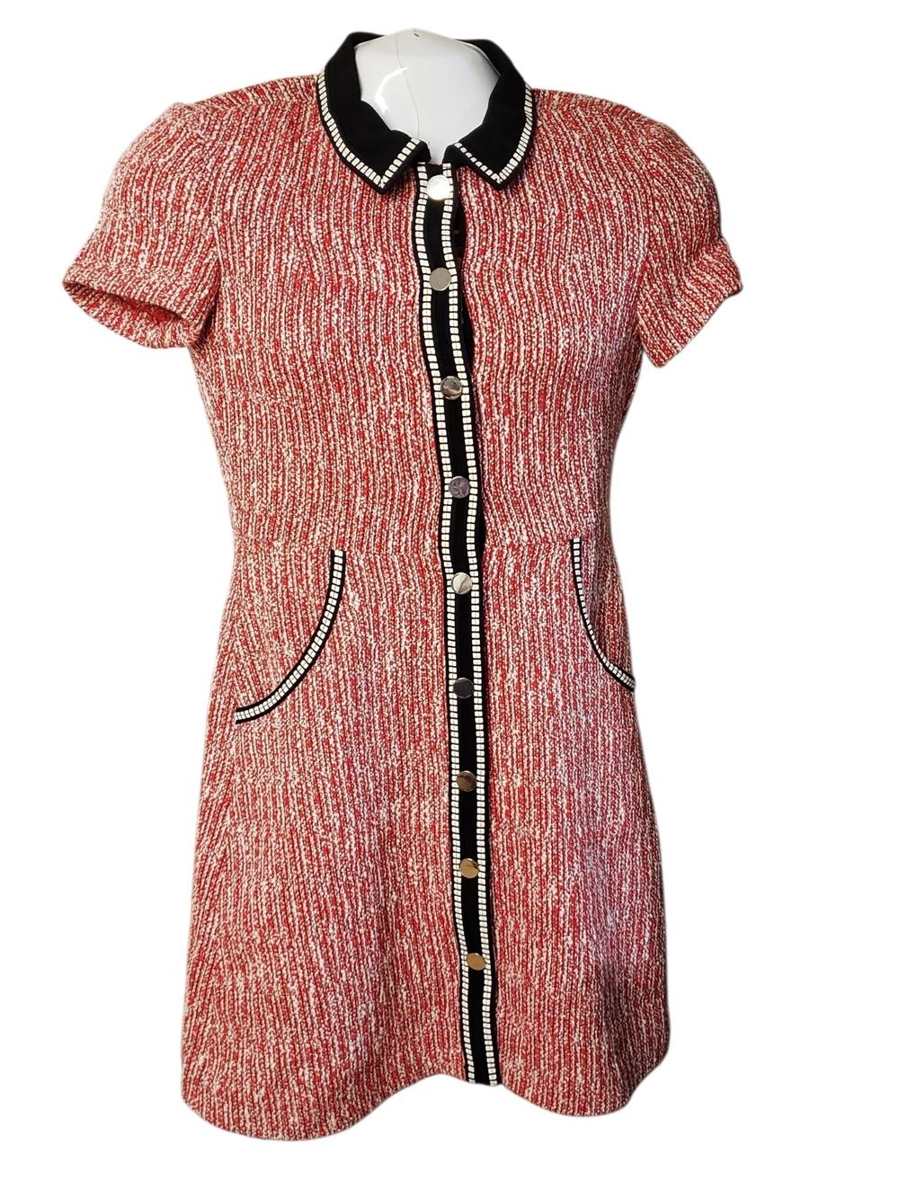 MAJE Short Red Knit Button-Front Dress with Black Trim Women's Size 36